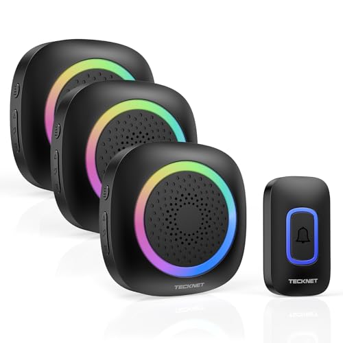 TECKNET Timbre Inalámbrico con Pilas, RGB Timbre Inalámbrico Exterior Impermeable IP66 con 3 Receptores, 400M Alcance, 5 Niveles de Volumen y 60 Melodías para Casa, Hotel, Oficina, Emergencia