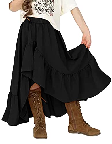 Bigeoosh Girls Elastic High Waist Skirts Kids Summer Ruffle Bottom Flowy High-Low Maxi Skirts 5-14 Y Black #TOP10