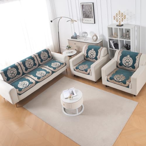Image of HOKIPO Shahi Teal Premium Chenille Jacquard Sofa Cover 5 Seater Set - Washable 3+1+1 Sofa Cover for Seat & Back | 'Royal Aangan Series' (IN-1008-L2*2 + IN-1006-L2*4)