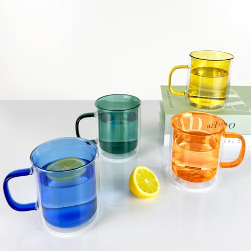 Cloudnola 1|85oz Double Wall Insulated Mugs Multicolored Set for Coffee Latte Tea Cappucino Hot Chocolate High Heat Borosilicate Glass Set of 4