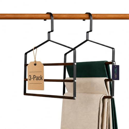 TRIPLURA Multi-Layer Pants Hangers [3-Pack] - Space Saving hanger - Trouser Hangers for Closet Organization Hold Pants Trousers Scarves Ties - Durable 3-Layers Hanger Set for Closet