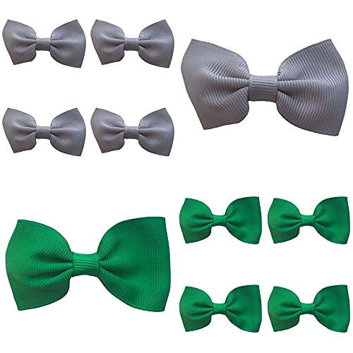 School Hair Bows Clips Slides Grips 2.7" inch Solid Vibrant 5 School Colours with 5 Grey Small Straight Hairbows 10 Pack (Green/Grey)