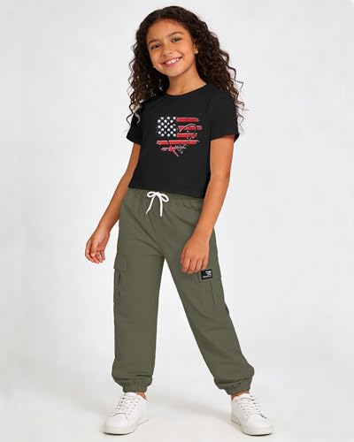 Image of Betusline Girls Fall Winter Clothing Sets, Long Sleeve Crop Top & Cargo Jogger Pants 2 Piece Outfit Sets,4T-14Y