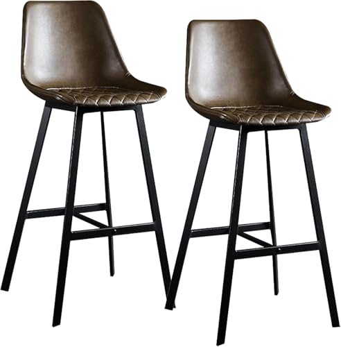 Elegantes taburetes de bar de metal negro de 75 cm de altura, tapizados de piel sintética con asiento a cuadros, cómodas sillas de mostrador con respaldo y reposapiés, soporte máximo de 150 kg (marrón