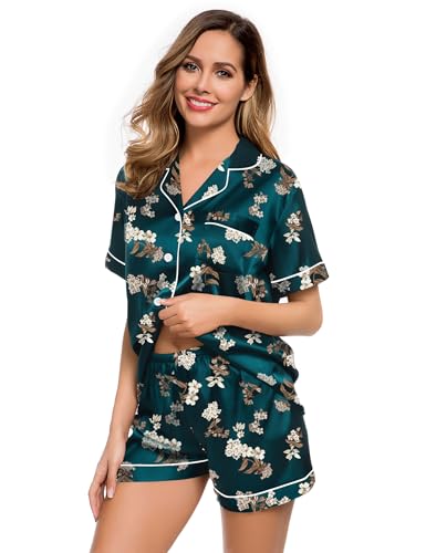 Image of LecGee Womens Silk Satin Pajamas Short Sleeve Loungewear Two-Piece Sleepwear Button-Down Pj Set Deep Green Floral Medium