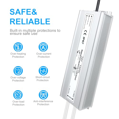 Image of LightingWill LED Driver 150 Watts Waterproof IP67 Power Supply Transformer, 90-265V AC to 24V DC Low Voltage Output, Adapter with 3-Prong Plug 3.3 Feet Cable for Outdoor Use, Computer Project