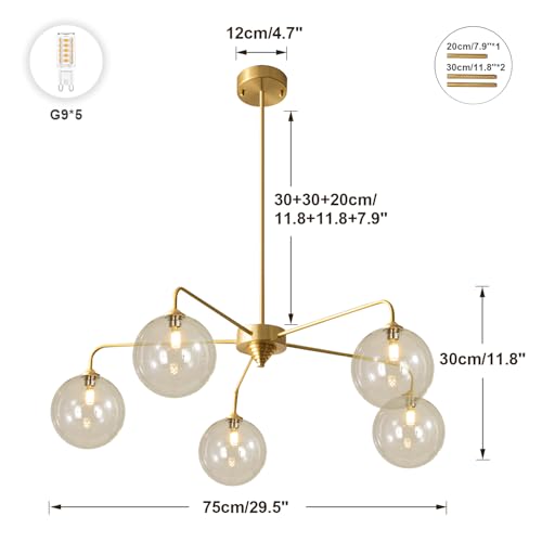 Image of Mid Century Modern Sputnik Chandelier Brass Gold Chandelier Cognac Clear Glass Globe Sputnik Chandelier for Kitchen Dining Room Bedroom