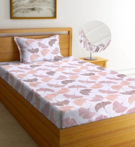 Image of NEW LEAF Premium 100% Cotton Feel Elastic Fitted Single Mattress Bedsheets with 1 Pillow Cover| All Around Elastic 200 TC Supersoft | (Size-78+36+6 inches, Blush Ginkgo