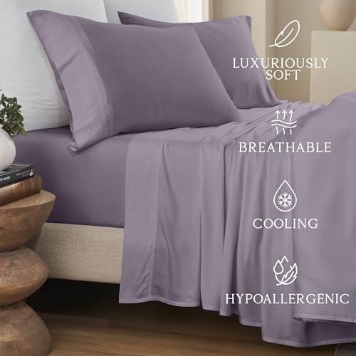 Image of KARISSA MAE 6 Piece Luxury Bamboo Viscose Queen Sheet Set, 4 Pillowcases | FSC Certified | Cooling | Ultra Soft | 18 inch Deep Pockets | Elastic Corner Straps | Includes Organizer Band [Plum]