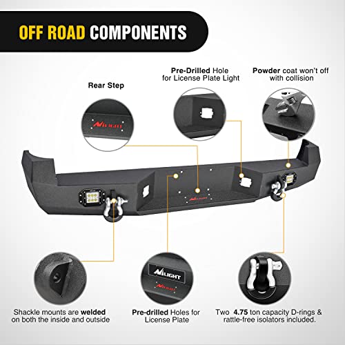 Image of Nilight Rear Step Bumper for 2005 2006 2007 2008 2009 2010 2011 2012 2013 2014 2015 Toyota Tacoma Full Width Pickup Truck Textured Black Solid Steel Off-Road 18W Lights D-Rings