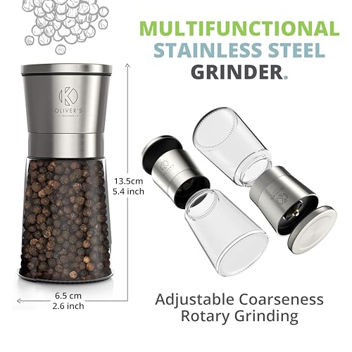 Oliver's Kitchen ® Salt & Pepper Grinder Set - 2X Premium Quality Ceramic Grinders - Easy to Fill & Use - Season to Perfection with Adjustable Coarseness - Large Capacity - Refill Less Often