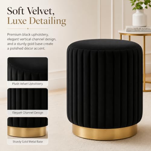 Image of Designer Velvet Round Footstool Ottoman with Sturdy Gold Metal Band Base for Home Decor & Extra Seating, Lightweight Pouf Stool for Sofa Side & Bedroom, 16x16x17 Inch (Black)