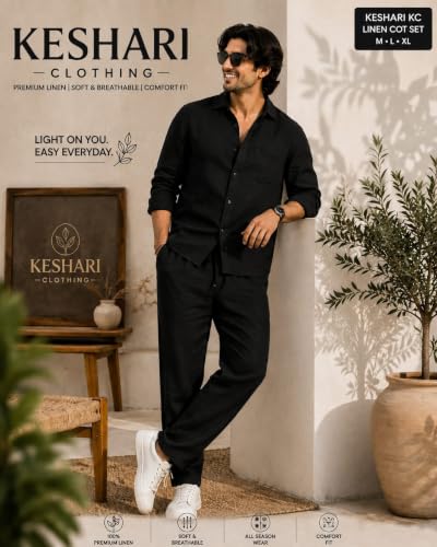 Image of Men's Premium Linen Co-Ord Set | Regular Fit Full Sleeve Solid Shirt with Drawstring Trouser | Breathable Linen Casual Outfit for Summer, Travel, Beach, Vacation & Daily