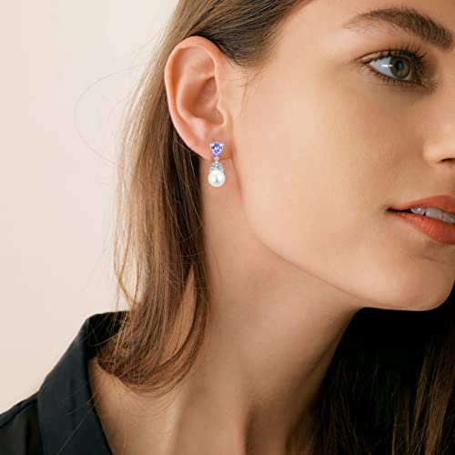Belryo Women Pearl Earrings 925 Sterling Silver Teardrop Cubic Zirconia Pearl Dangle Bridal Wedding Earrings With 10Mm Simulated Pearl June Birthstone Alexandrite Color Earrings For Women Gift #TOP4