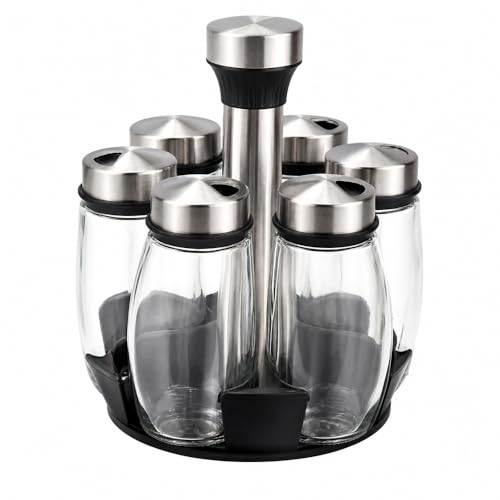 Rotating Seasoning Bottle Set,Glass Spice Jars with Stainless Steel Lids and 360° Organizer Stand 6 Pieces - A1-502