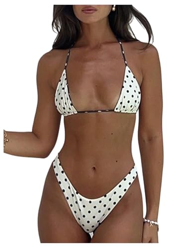 WDIRARA Women's Polka Dots Triangle Halter Swimsuit High Cut Bikini Set 2 Piece Bathing Suit