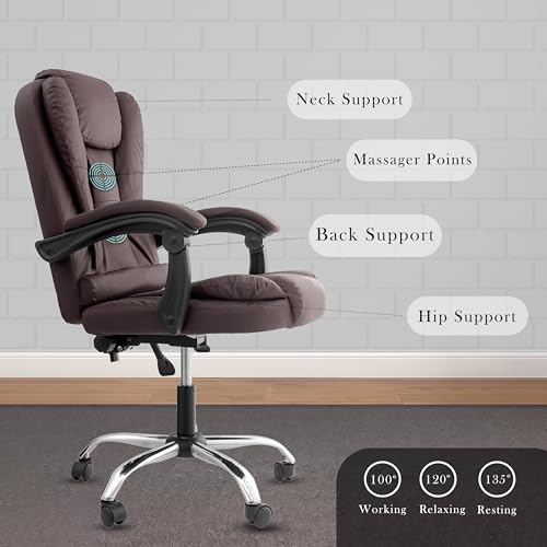 Image of Italia Premium Leatherette Office Chair for Work | Boss Chair, Ergonomic Executive, Luxurious Cushioned Arms & Seat, 2 Point Back Massager, Heavy Duty Metal Base (Brown)