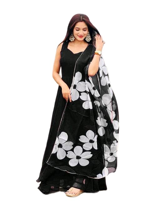 Womens Georgette Sleevesless Sweetheart Neck Gown Featuring Solid Design with Pants and Border Design Floral Printed Dupatta 3 Piece Ethnic Wear-picture-33