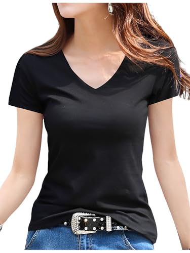 [グリーンティー] Tシャツ レディース 半そで 無地 vネック シンプル スキニー ブラック XL（Amazon）