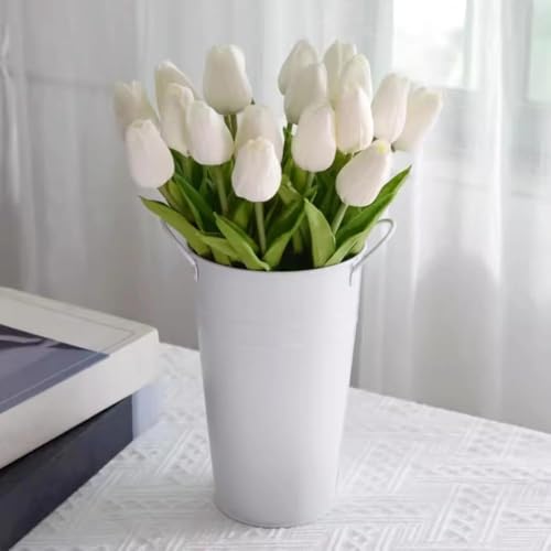 Image of Artificial Tulip Flower Stems (Pack of 5, Vase Not Included) - Realistic Faux Flowers for Home Decor, Living Room, Bedroom, Office, Wedding Decoration (White)