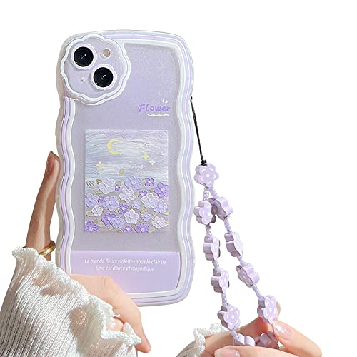 Coque iPhone 13 motif floral violet avec chaîne fleurie de protection