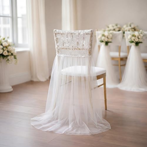 Moukeren Elegant Lace Tulle Wedding Chair Cover for Bridal Shower White Romantic Tutu Chair Skirt Bridal Chairs Decor with Floral Lace Top for Wedding Party Events Banquet Decor Bride to Be