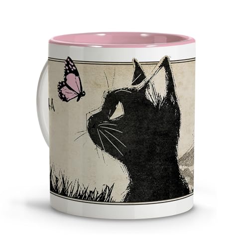 Regali di coppia. Tazza personalizzata con nome. Tazze colazione. Tazza gatto in stile anime Jiji Cat. Tazzine caffe particolari. Idee regalo donna e uomo. Tazza in ceramica 330 ml. Tazza rosa