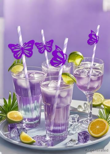 Pitillos decorativos de papel mariposa morado pack 24 miniatura 3