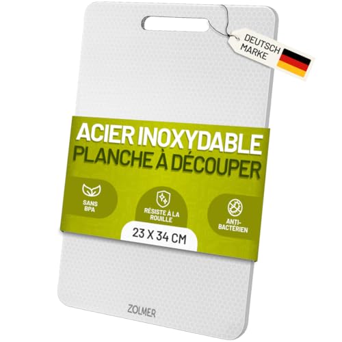 ZOLMER Planche à découper inox 34 × 23 cm antibactérienne sans microplastiques – compatible lave-vaisselle, sans BPA, inodore, légère, avec surface anti-rayures...