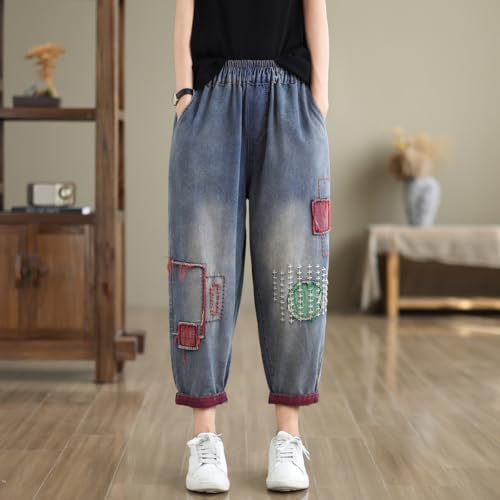 Women Retro Embroidered Loose Jeans Casual Ripped Jeans Harem Pants2