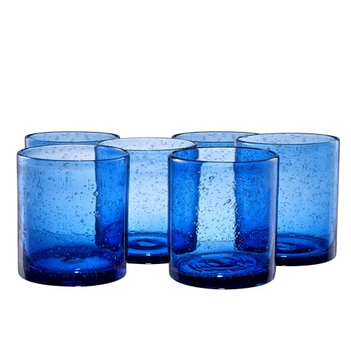 ARTLAND 14oz Double Old Fashion Glass, Set of 6 | Iris Seeded Design, Cobalt Blue | Drinking Glass for Parties and Everyday Use - Mojito, Whiskey, Cocktail | Glassware & Barware Essentials