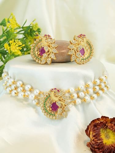 Image of Antique Gold Plated Temple Jewellery Necklace Set with Earrings for Women, Traditional Indian Bridal Necklace Set, South Indian Choker Haram Style Jewellery Set, Ethnic Wedding for Women