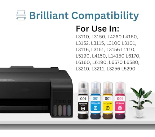 Image of 001 Premium Refill Ink Compatible for Printers L3110, L3150, L4260, L4160, L3152, L3115, L3100, L3101, L3116, L3151, L3156, L1110, L5190,L4150,L14150,L6170 (001-4 Color Combo) (70ml Each)