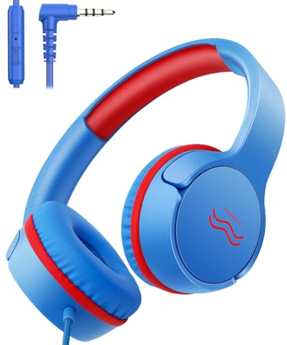 Image of Wired Kids Headphones with Mic, Foldable, Volume Control Safe Listening(85 /94dB), 3.5mm Jack on-Ear Headset for Chilren /Teens /School /Travel /Plane /Ipad /Tablet /Laptop,Blue-Red