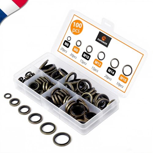 Joint Hydraulique Assortiment 100pcs ✮MARQUE FRANCAISE✮ Boite Joint de Vidange (6 Tailles M6-M16) Rondelle Plate Caoutchouc Metal pour Presse Hydraulique,...