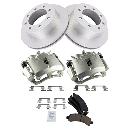 Image of TRQ Rear Brake Pad, Caliper, & Rotor Kit Ceramic Vented Premium G-Coated Compatible with 2006-2016 Chevrolet Express 2500 2003-2016 Express 3500 GMC Savana 2500 Savana 3500