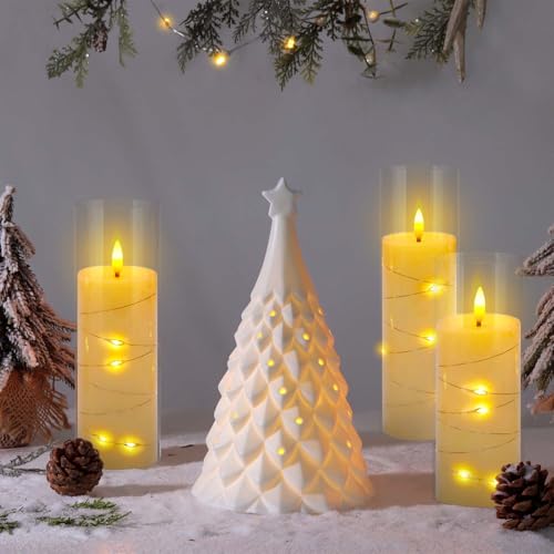Image of Pack of 5 (D2.2 X H 5 inch 6 inch 7 inch) Ivory Flickering Flameless Candles Battery Operated with Remote, LED Pillar Candles with Realistic Moving Wick for Halloween, Christmas, Home Decor.
