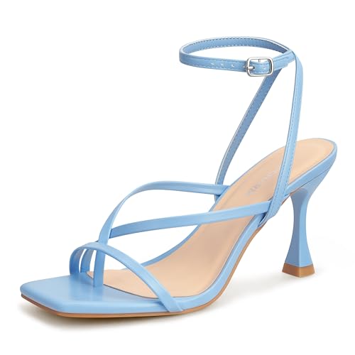 LOOPCHARM Women's Strappy High Heels Sandals Square Open Toe Ankle Strap Slingback Thong Stilettos Shoes for Wedding,Blue Pu,8
