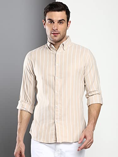 Image of Dennis Lingo Men's Striped Slim Fit Oxford Cotton Casual Shirt with Button Down Collar & Full Sleeves