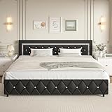 King Size Bed Frame and Headboard, Faux Leather Upholstered Bed with Diamond Tufted Design, Modern Platform Bed Frame with Wooden Slats Support, No Box Spring Required, Easy Assembly, Black