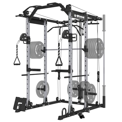 ER KANG Power Cage, 1500LBS Power Rack Cage with Cable Crossover System, Multi-Function Workout Weight Cage with J-Hooks, Band Pegs, Battle Rope Ring Home Gym(Silver Power Cage Only)