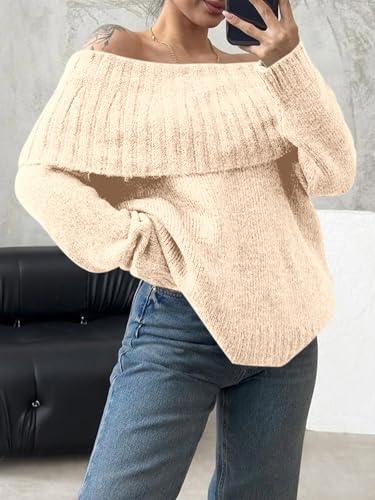 Image of Saodimallsu Womens Off The Shoulder Sweaters Oversized Long Sleeve Loose Ribbed Knit Fall Trendy Pullover Tops