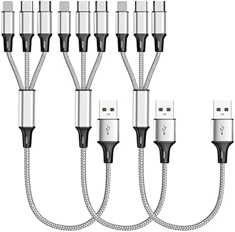 Multi Charging Cable, (3Pack 1FT) Short Multi USB Charger Cable Aluminum Braided 3 in 1 Universal Multiple Charging Cord with Type-C/Micro USB Connectors for Cell Phones Tablets (Charging Only)