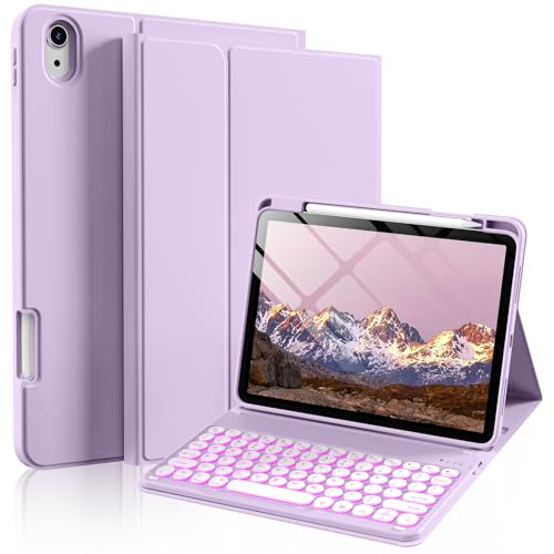 SZPSGC Keyboard Case for iPad A16 11th Generation 11 Inch 2025, iPad 10th Generation 10.9 Inch 2022, 7 Colors Backlit Wireless Detachable Folio Keyboard Cover with Pencil Holder, Purple