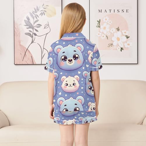 ALAZA Cute Cartoon Bear Heart Pajamas Satin Pajama Set Short Sleeve Button Down Sleepwear4