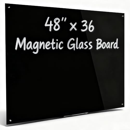 48" x 36" Magnetic Black Glass Board - Frameless Tempered Glass Dry Erase Blackboard with Marker Tray & Eraser, Premium Interactive Whiteboard- Frosted Surface for Office, Classroom, or Home