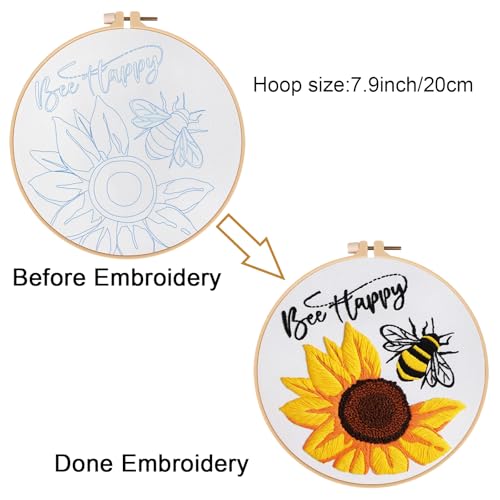 Image of Louise Maelys Embroidery Kits for Beginners,Cross Stitch Kit for Adults,DIY Needlepoint with Bee Sunflower Pattern-Bee Happy