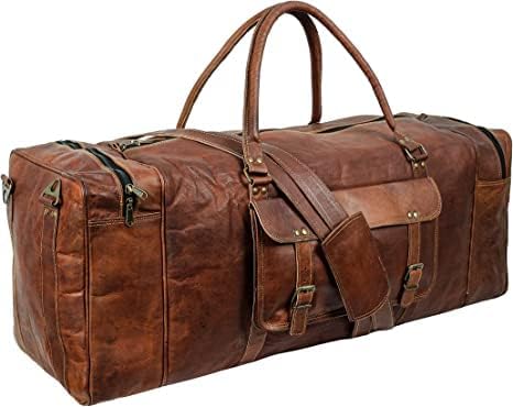 Leather Duffel Weekender Bags Inner Canvas Bag Overnight Travel Carry On Tote Bag Satchel with Adjustable Luggage Strap Sleeve for men & women