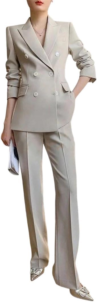 Women’S Notch Lapel Double Breasted Daily Business Suit – Slim Fit Work Blazer and Pants Set