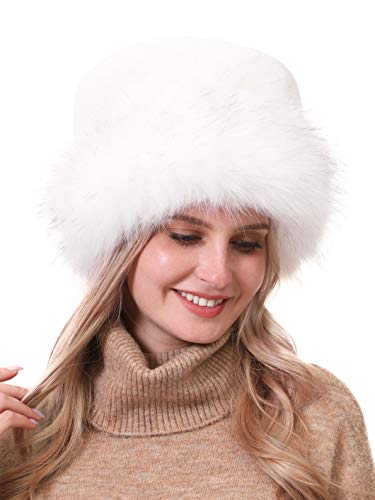 sy soul young Women's Leopard Faux Fur Hats Fluffy Bucket Hat Russian Style for Winter(One Size,White)
